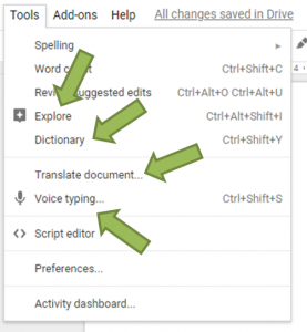 Google docs tools menu showing explore, dictionary, translate and voice typing options