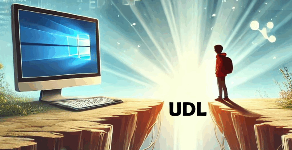 A young person stands on one side of a gorge, looking across at a large computer and keyboard. In the gap in front of him are the letters UDL, forming a bridge between the two sides.