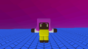Purple gradient sky and tiled blue floor with a 3D character standing in a T pose with yellow clothes and pink hair
